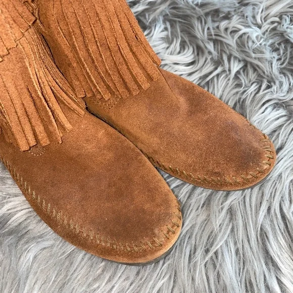 EUC Minnetonka 3 Layer Fringe Tall Pull On Boots Brown Size 9 - Picture 6 of 9